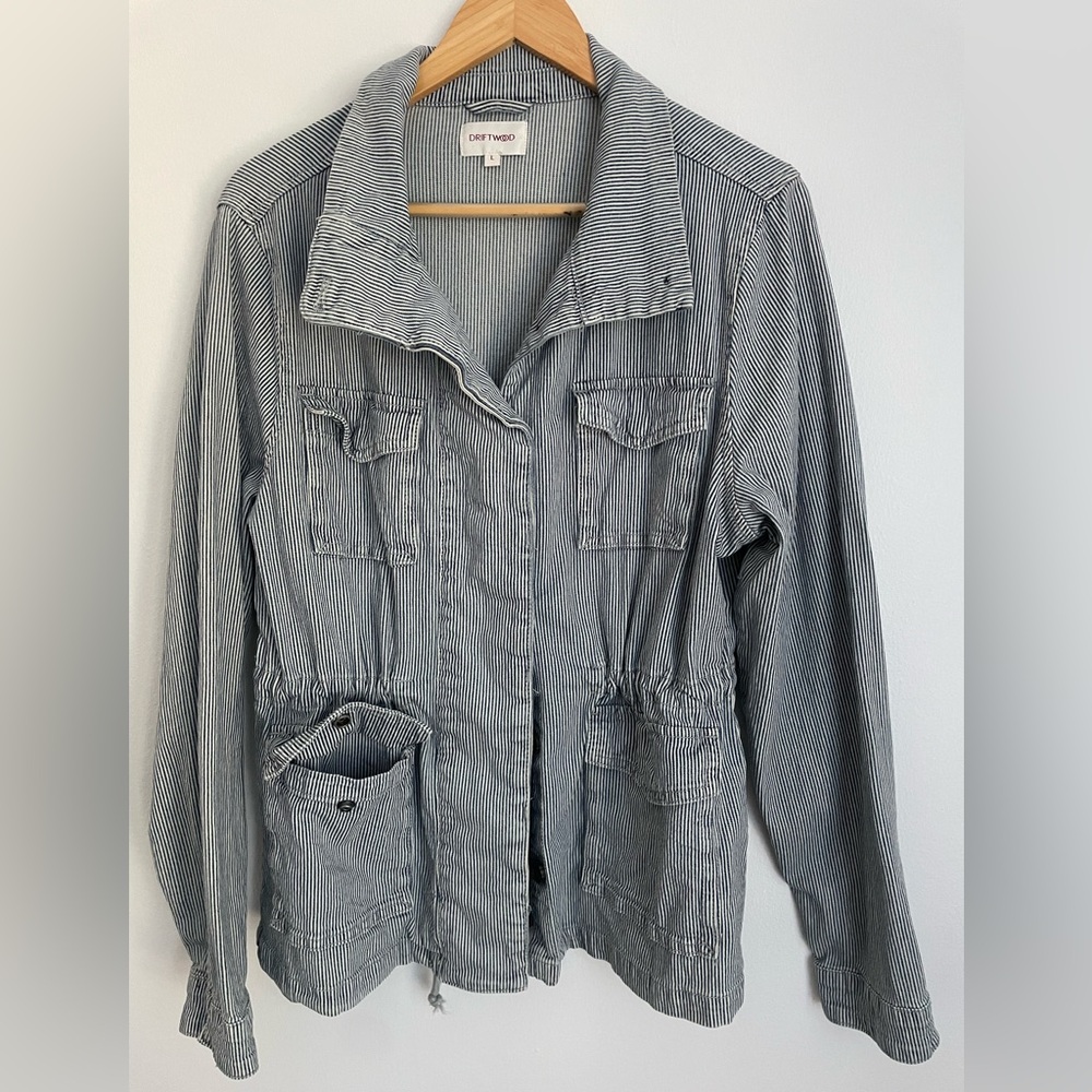 Driftwood / Sundance blue & white striped railway pattern army jacket L-XL